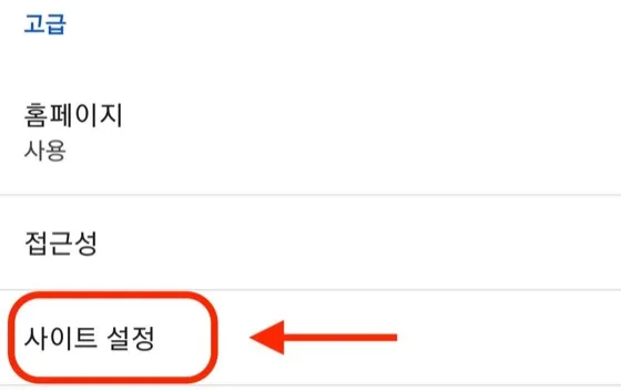 모바일 Chrome 설정에서 사이트 설정을 선택하는 화면
