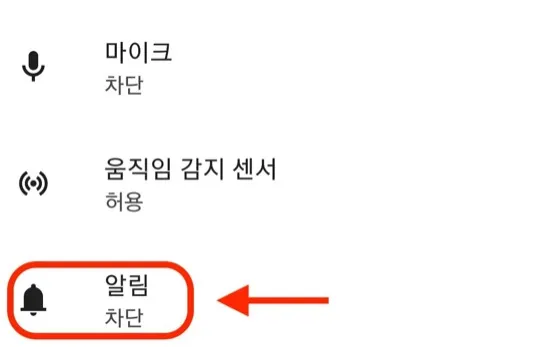 모바일 Chrome 사이트 설정에서 알림을 선택하는 화면