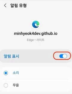 모바일 Edge 차단된 사이트의 알림을 허용하는 화면