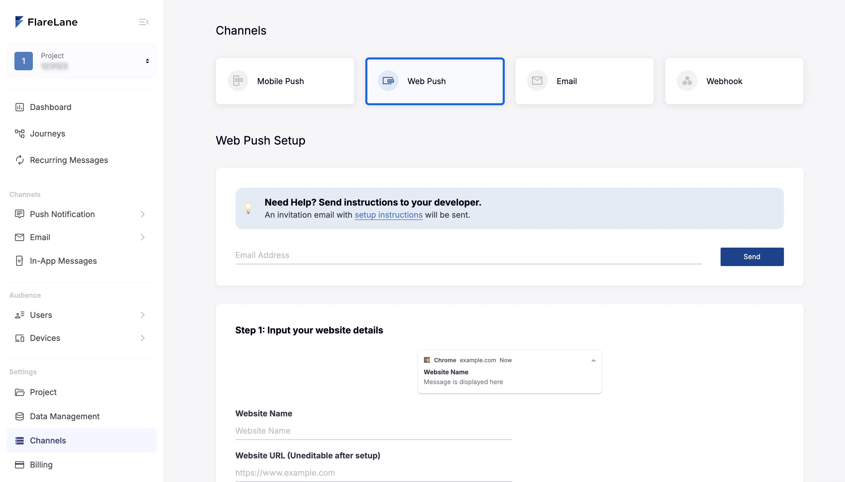 FlareLane console Channels menu with Web Push selected