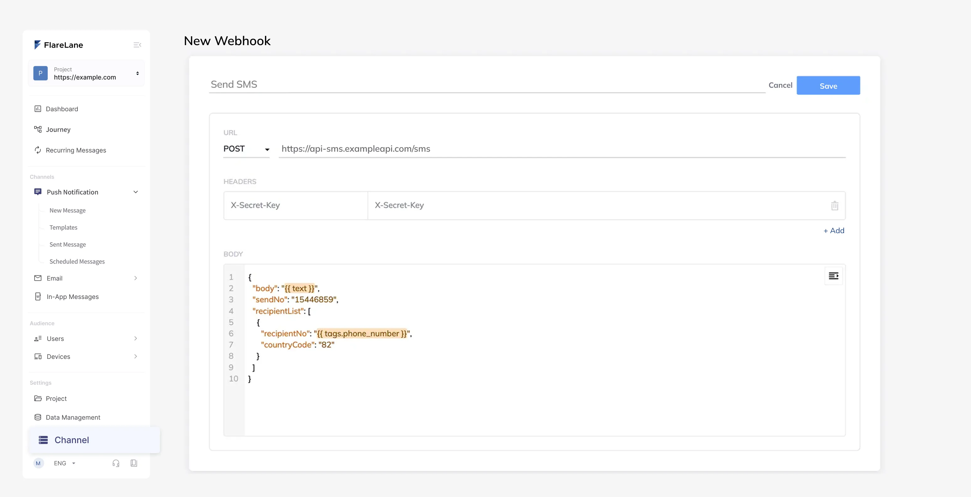 Webhook creation form with endpoint, headers, and body parameter fields configured