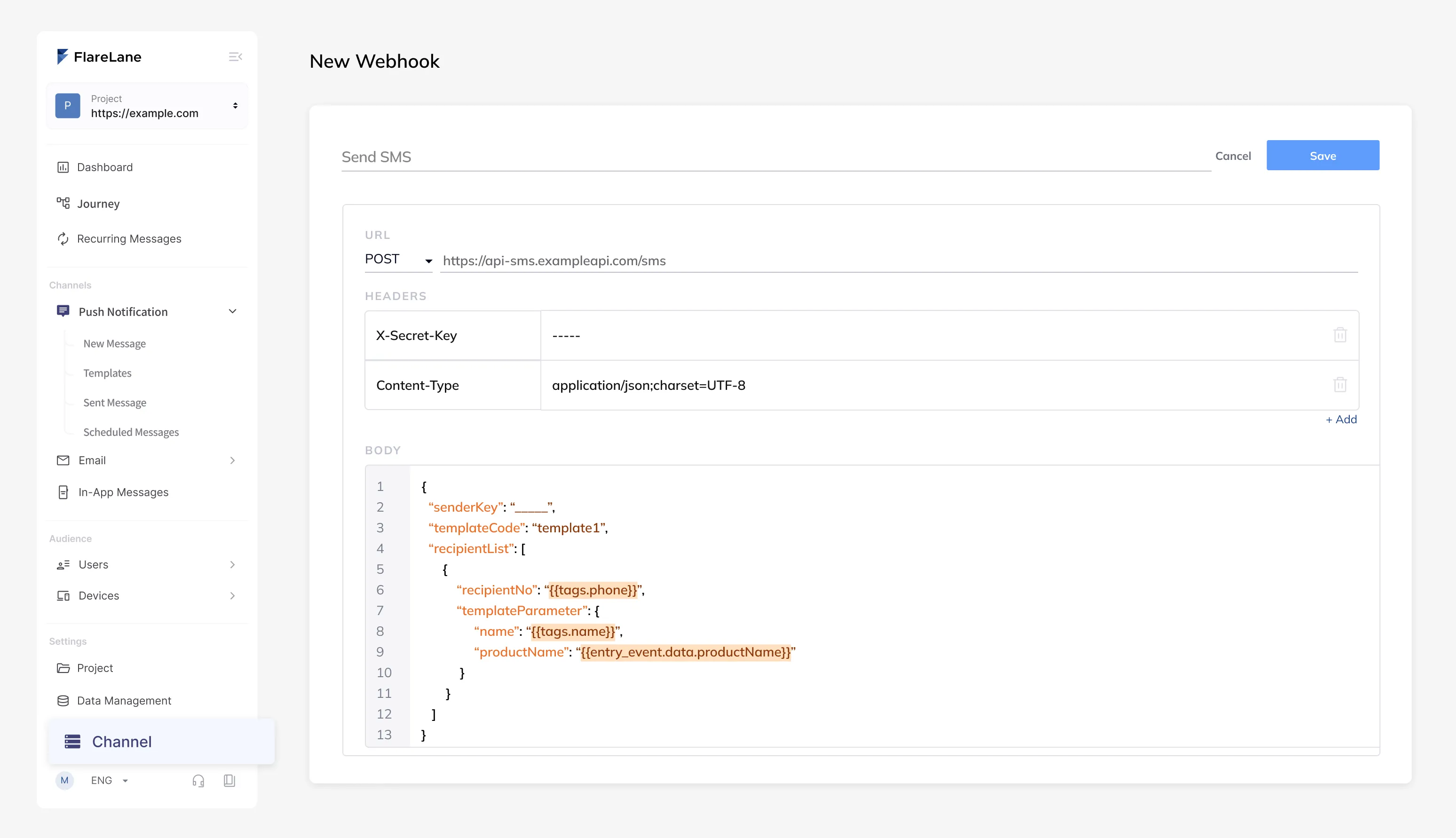 Webhook configured with NHN Cloud Alimtalk sending API endpoint and body parameters