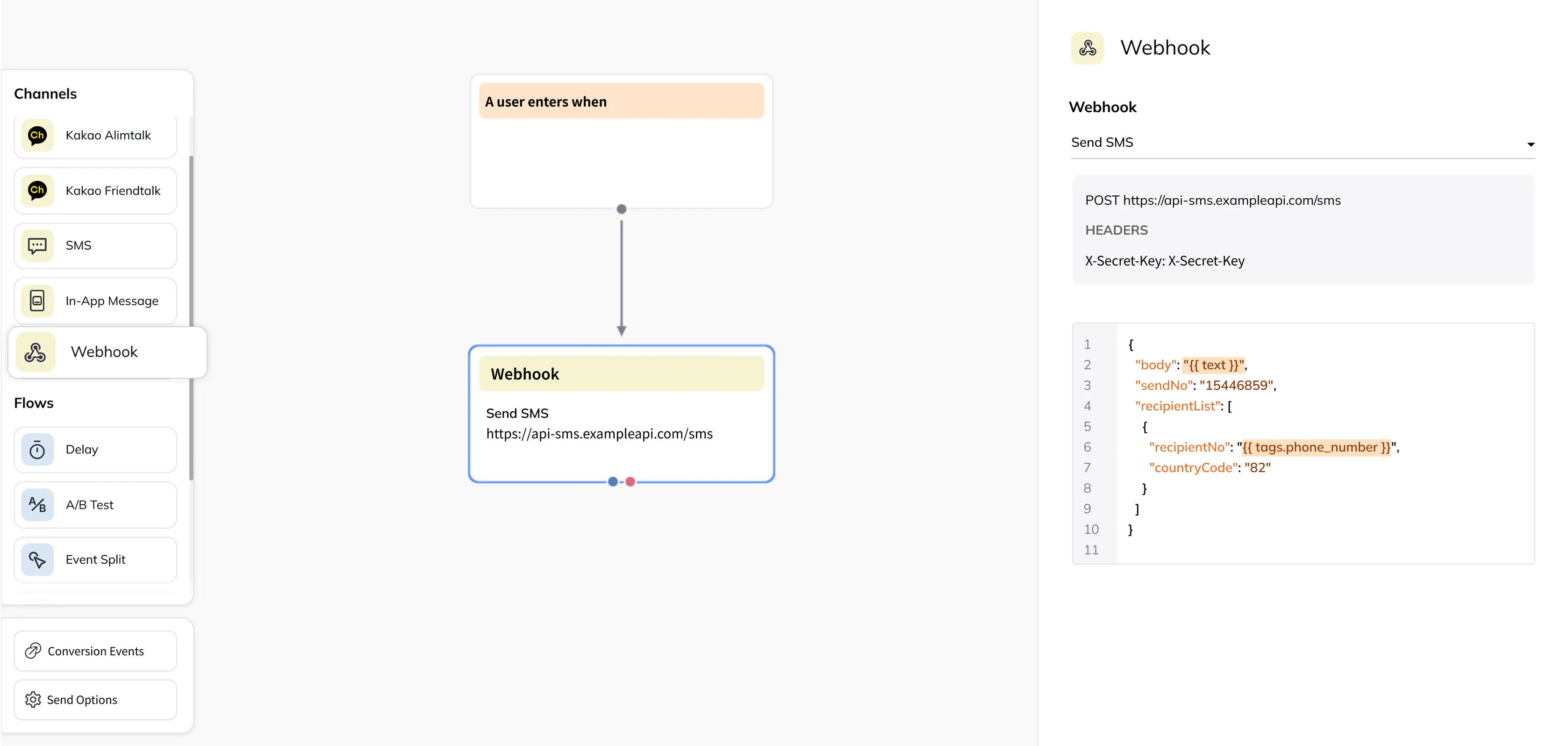 Customer journey canvas with a webhook action node configured for automated messaging
