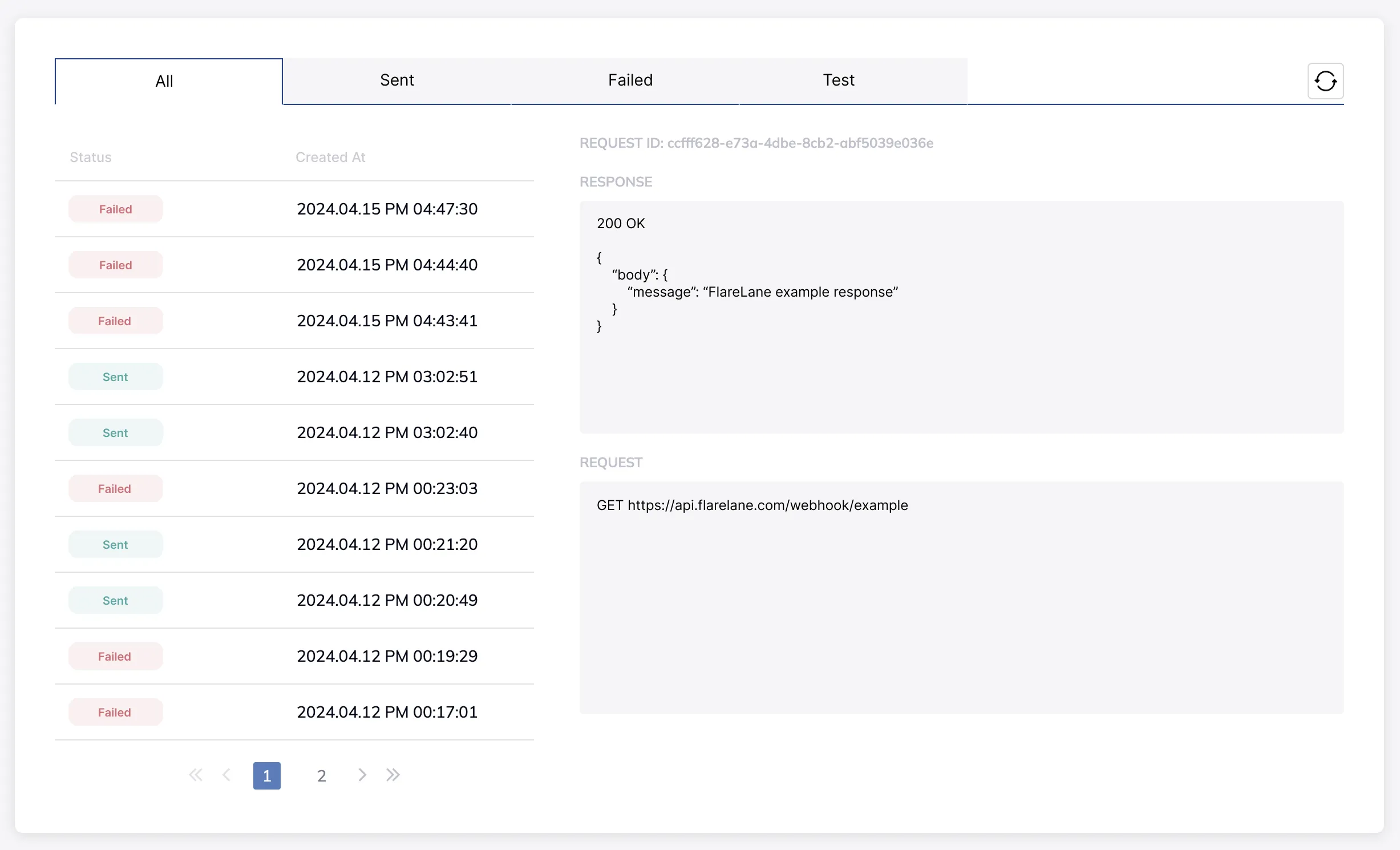 Webhook send history showing success and failure results with request and response bodies